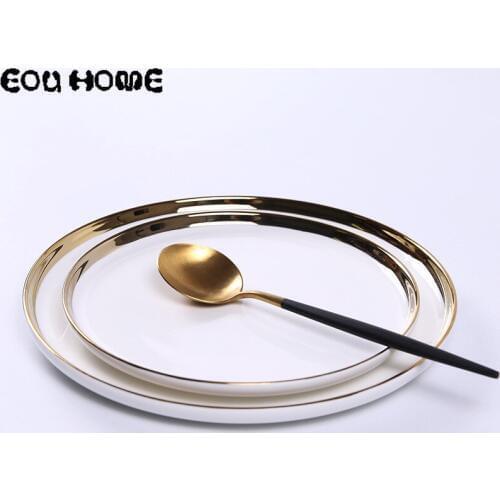 INS Style Creative Ceramic Dessert Plates Simple Gold Lnlay Western Steak Plate Household Fruit Cake Snack Dish NordicTableware