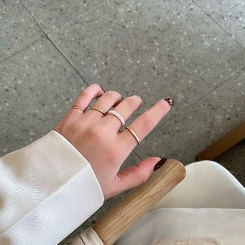 KSRA 4Pcs/Set Simulated Pearl Twisted Rope Rings for Women Gold Color Metal Adjustable Charm Ring Wedding Party Jewelry