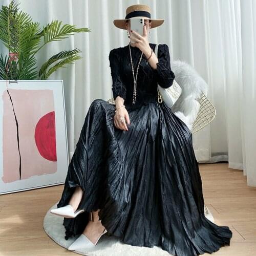 LANMREM 2021 Autumn New Arrival Three Quarter Sleeve Round-neck Mid-calf Pleated Dress Solid Color Casual Cloth Women 2A257101