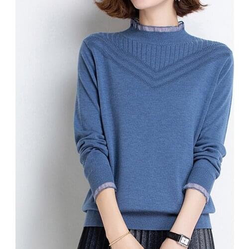 LJSXLS Women Half High Collar Patchwork Knitted Sweater Korean Fashion Tops Long Sleeve Pullovers 2021 Autumn Winter Clothes