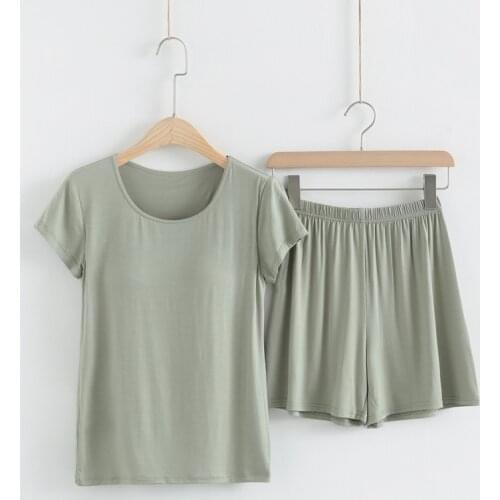 M-3XL New Pyjamas Women Modal Comfortale Sleepwear Set Short Sleeve Big Size Home Clothes Bra Padded Pajamas Suit Pijama Mujer