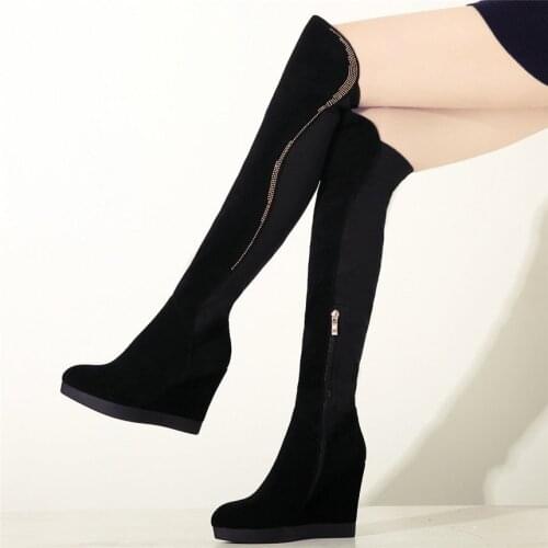 Wedges Thigh High Motorcycle Boots Women Genuine Leather Over The Knee High Boots Female Winter High Heel Platform Oxfords Shoes
