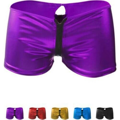 Sexy men underwear faux leather boxers double slider zipper panties Black Red Purple Gold Blue colors ZJH183P