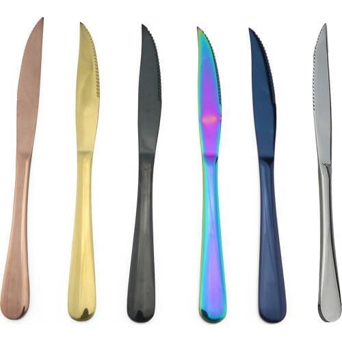 6pcs Shiny Colorful Stainless Steel Cutlery Set Rainbow Rose Sharp Dinner Steak Knife Dinnerware Set Table Knives Silverware Set