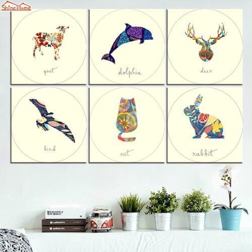 ShineHome-6pcs Wall Art Canvas Print Paintings Modular Nordic Style Deer Animal Pictures Posters for Kids Living Room Decoration