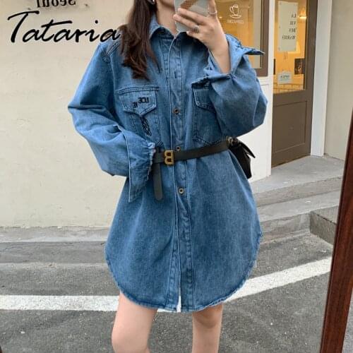 New Autumn 2021 Denim Shirts Ladies Coats and Jackets Women 2021 Vintage Long Jean Shirts with Belt Tops Female Pocket Blue Coat