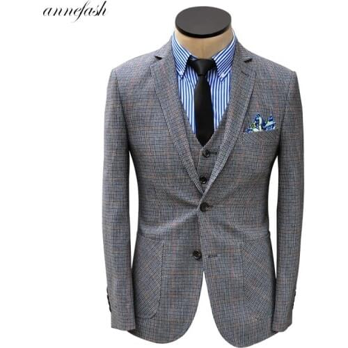 New arrival woolen tweed British retro bird pattern slim men suit vest three piece suit wedding casual men suit