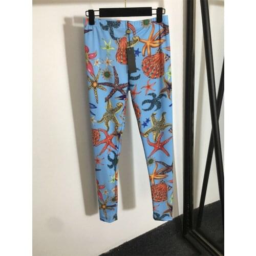 New Arrival Ladies Girls Sexy Starfish Shell Printed Streetwear Skinny Summer Blue Leggings Pants Casual Slim Fitted Trousers