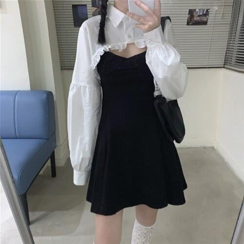 Japanese New Autumn Two-Piece Suit Dresses Girls Sleeveless Black Mini Dress Kawaii Sweet Ruffled Vintage Puff Sleeve Short Tops