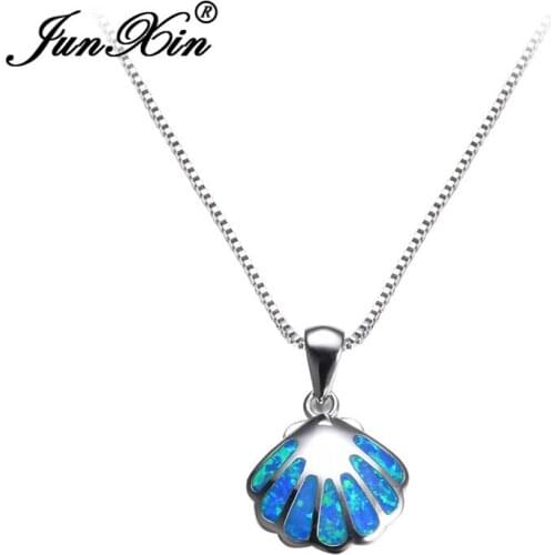 JUNXIN Women Blue Fire Opal Shell Design Pendants & Necklaces Silver Color Wedding Necklace Female Birthday Gift
