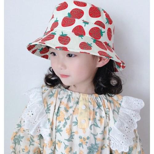 2021 New Kids Cute Strawberry Bucket Hat Baby Boys Girls Flat Top Fisherman Cap Children Stylish Panama Spring Summer Bob Hats
