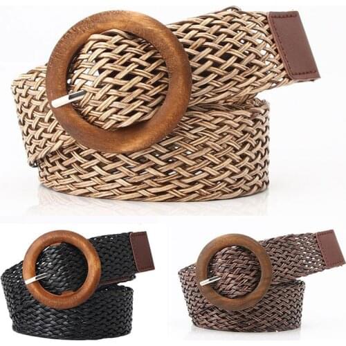 Women Bohemian Braided Belt Fashion Wooden Buckle Summer Dress Jeans Wide Black PP Straw Wasit Belt Boho Belts for Women