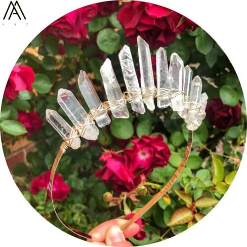 Rose Gold Wire Wrapped Quartz Crystal Point Tiara Crown Headband Women Quartz Crystal Metal Tiara Hairwear Jewelry Accessories
