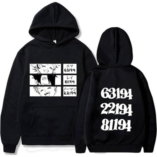 The Promised Neverland Print Hoodies Men Anime Emma Norman Ray Sweatshirts Hooded Pockets Streetwear