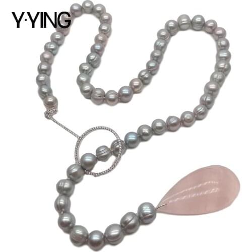 Y·YING 27" Freshwater Grey Pearl Cz Pave Loop sweater chain Necklace natural teardrop Rose crystal Pendant necklace for women
