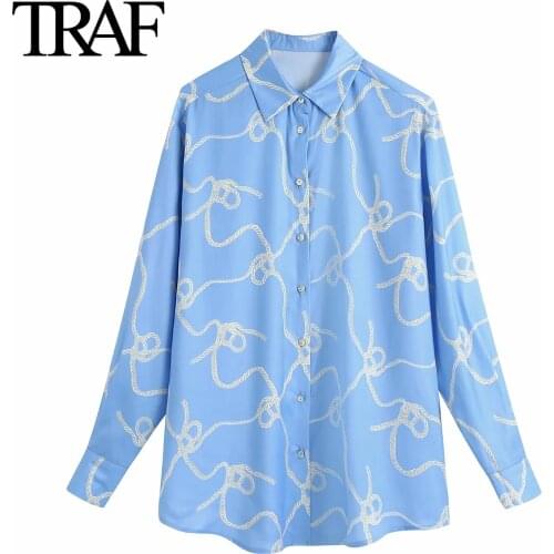 Traf Za Women Clothing 2021 Spring Autumn Long Sleeve Blouses Chic Printed Loose Satin Shirts Ladies Buttoned Tops Femme