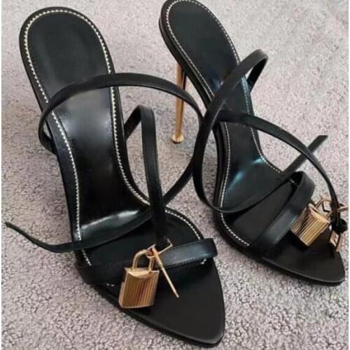 Moraima Snc Newest Open Toe High Heel Shoes Padlock Ankle Strap Sexy Sandals Summer Women Gladiator Shoes Black White Denim Blue