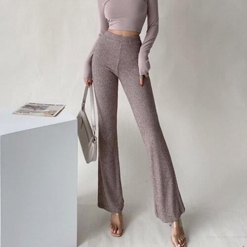 WOMENGAGA US Hot Sexy Girl Female High Elastic Knitted Skinny Flared Pants For Women Trousers Korean Autumn High Waist AHU1