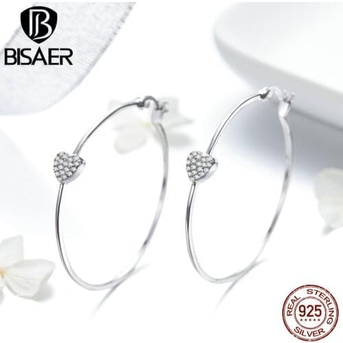 BISAER Authentic 925 Sterling Silver Big Round Love Heart Pave Stud Earrings for Women Clear CZ Fashion Earrings Jewelry ECE518