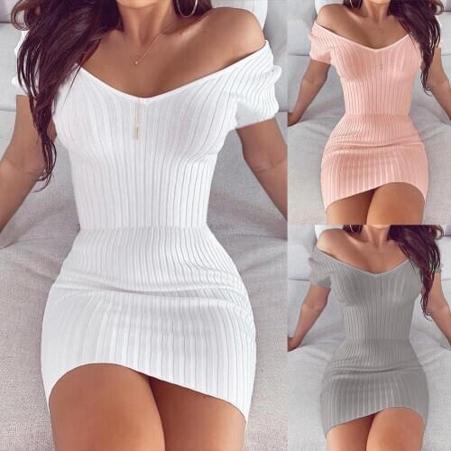 Women Sexy V Neck Off Shoulder Short Sleeve Ribbed Party Mini Bodycon Dress suitable for wedding party travel