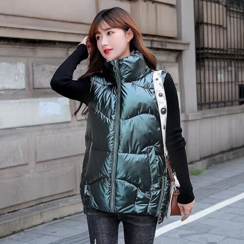 Womens Shiny Autumn Winter Puffer Vest Solid Casual Ladies Sleeveless Jacket Zipper Stand Collar Waistcoat for Female