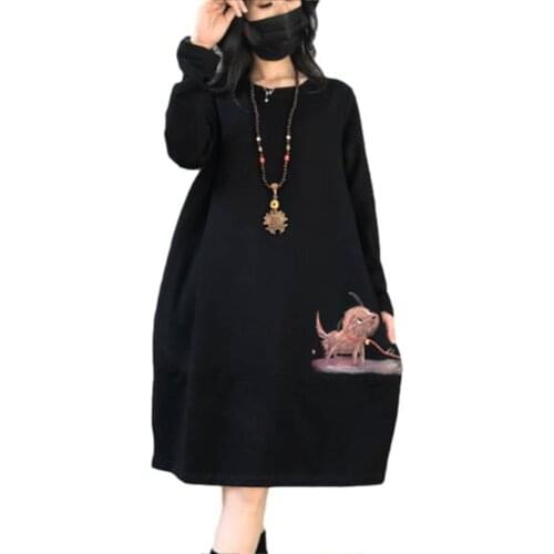 Winter Fleece Dress Women A Line Warm Long Sleeve Dress Women Clothing Casual Jumper Plus Size Womans Dresses