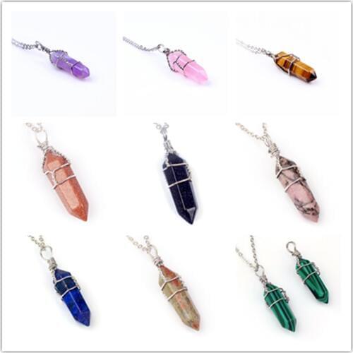 100-Unique 1 Pcs Silver Plated Wire Wrap Rock Crystal Hexagon Column Pendant Black Agates Necklace Link Chain Jewelry