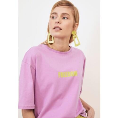 Lilac Printed Loose Knitted T-Shirt 2021 New Season New Style Fashion Casual Female Tops and Tshirts