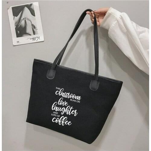 Classroom Runs On Laughter Printed Gift for Teacher Student Women Funny Canvas Tote Bag Shoulder School Book Bag Bag Work Bag