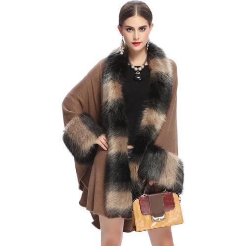 SWONCO Fur Cape Winter Warm Knit Poncho For Women 2019 Long Faux Fox Fur Long Cape Winter Cloak Women Poncho Hombre Invierno Red