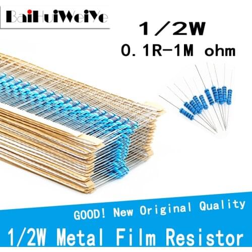 50PCS/LOT 1/2W 0.1R-1M 1% 1/2W Metal Film Resistor 0 2.2 10 100 120 150 220 270 330 390 470 1K 2.2K 4.7K 10K 15K 100K 470K ohm