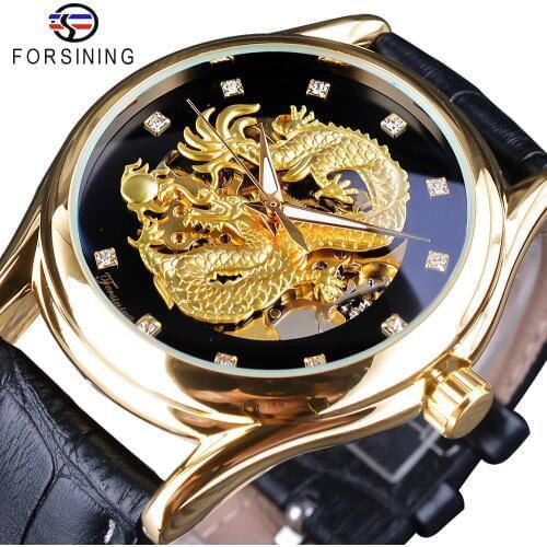 Forsining Diamond Display Dragon Golden Display Luminous Hand Transparent Men Watch Top Brand Luxury Waterproof Mechanical Watch