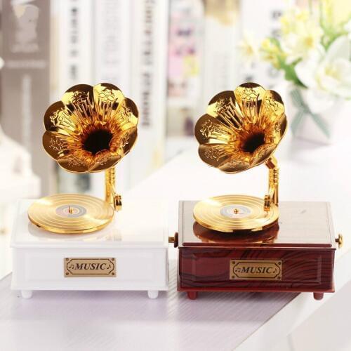 Sweet Gramophone Drawer Music Box for Home Accessory Wedding Birthday Gift Figurine Jewelry Box Hand Crank Carousel Music Boxes