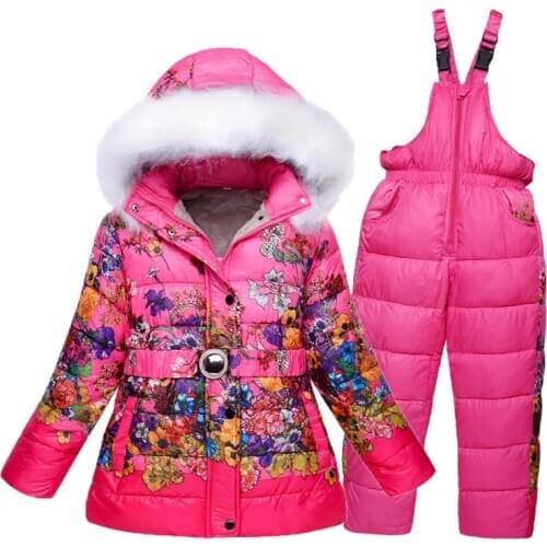 7 8 years Winter Girls Snow Wear Kids Ski Suits Floral Print Fleece jacket+Skiing Pants 2 pieces Girls Winter Clothes