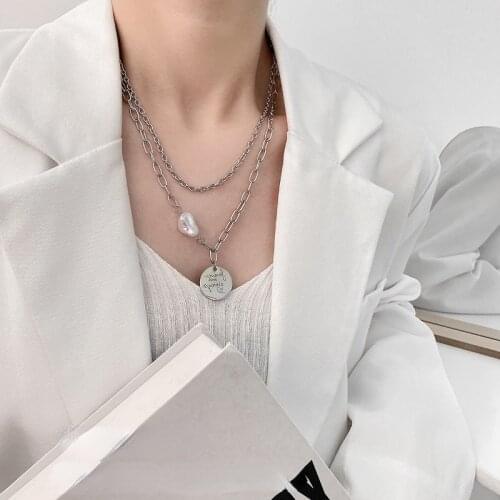 U-Magical Trendy Coin Medallion Letter Pendant Necklace for Women Asymmetry Irregular Imitation Pearl Chain Necklace Jewelry