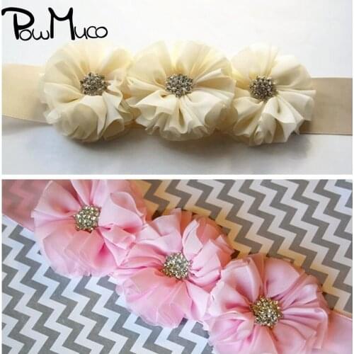 Powmuco Three Handmade Flower Sash with Maple Leaf Rhinestone Solid Color Adjustable Women Waistband Maternity Photography Props