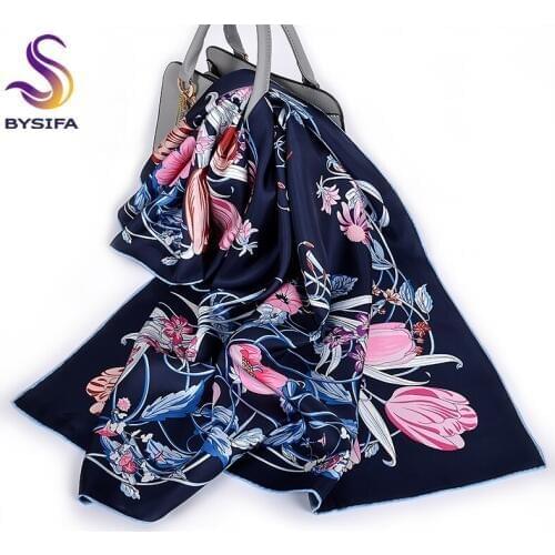 [BYSIFA] New Luxury Pure Silk Twill Silk Scarf Shawl Women Autumn Winter Floral Design Brand Large Square Scarves Blue And Black