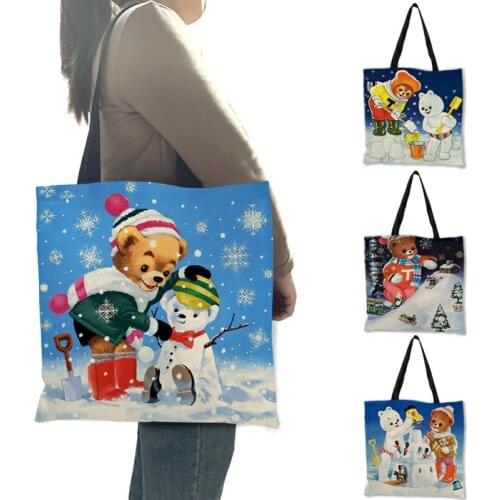 New Arrival Hand Bags For Women 2020 Cute Christmas Cartoon Bear Snowman Printed Shopper Totes Shopping Bag For Groceries B13166