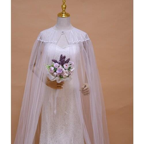 100% Handmade Wedding Cape White Lace Wedding Shawl Bridal Cape Veil Lace Organza Long Bridal Wraps Long Train Shawls Cloak
