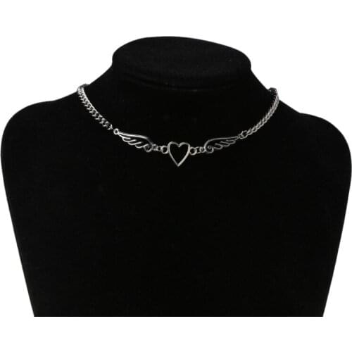 Punk Hollow Out Heart Feather Metal Choker Necklace Women Girl Harajuku Angel Feather Pendant Necklace Fashion Jewelry K3ND