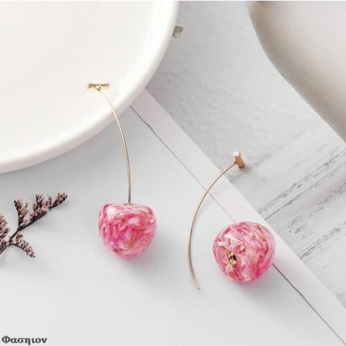 Japan Korean Shiny Side New Accessories Acrylic Cherry Beads Drop Earrings for Women Simple Style Real Flower Dangle Earrings