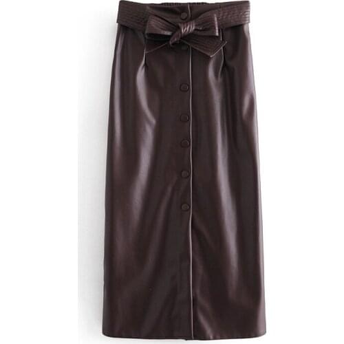 Vintage High Waist Single Breasted Female Skirts Women 2021 Chic Fashion with Belt Faux Leather Midi Skirt