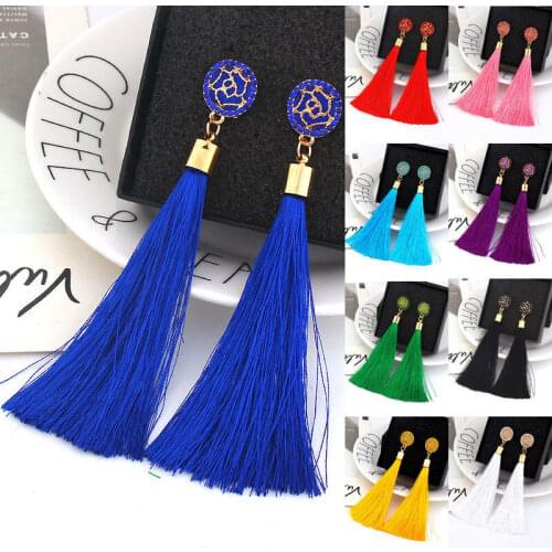 Women Ladies Fashion Vintage Rhinestone Long Tassel Stud Earrings Long Dangle Thread Tassle Earrings