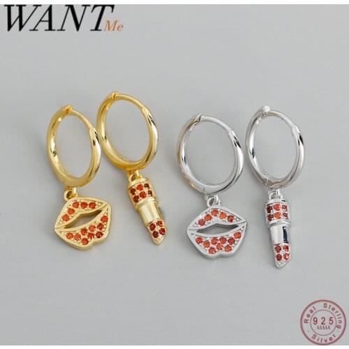 WANTME New Real 925 Sterling Silver Fashion Red Zirconia Lips Lipstick Drape Stud Earrings for Women Wedding Fine Jewelry 2020