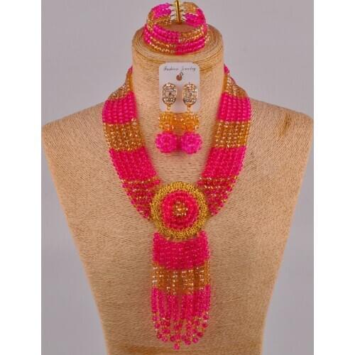 Fuchsia pink champagne gold ab women costume necklace african set nigerian wedding jewelry sets crystal 6CLS