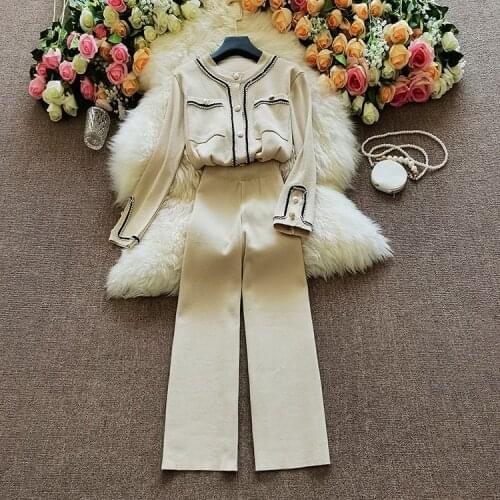 Amolapha Women Knit Single Breasted Jacket Coats Pants Sets Autumn Winter Woman Fashion Jumper Tops Trousers Outfits