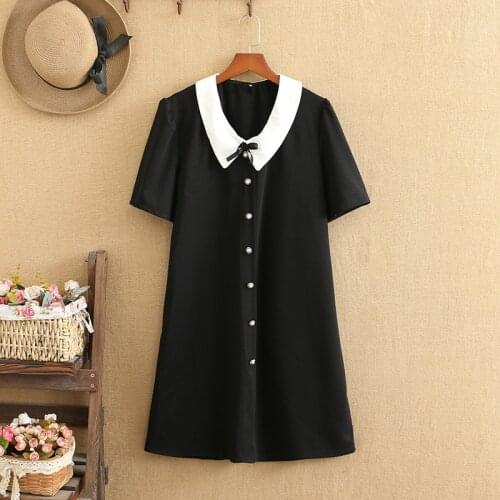 Plus Size Dresses For Women High Quality Short Sleeves Bow Tie Pearl Clasp Decoration Miniskirt Short Skirt Large Size In Summer