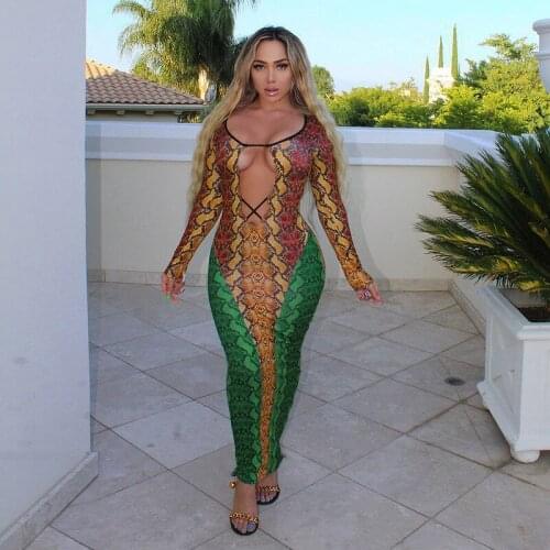 Long Sleeve Snake Printed Hollow Out Maxi Dress Bodycon Sexy Low Cut Streetwear Party Club 2021 Autumn Winter Clothes Vestidos