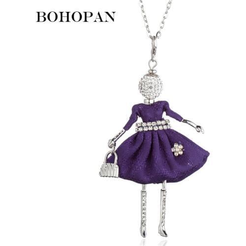 Figure Doll Pendant Necklace For Women Rhinestone Belt Flower Design Silver Color Alloy Necklace Girl Long Sweater Chain Jewelry