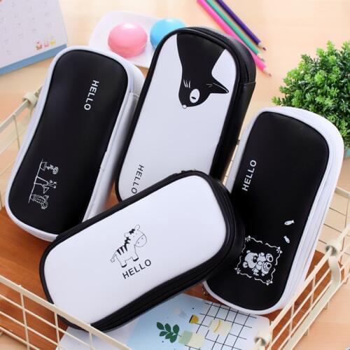 High Capacity Cartoon Pencil Case Black White Zebra PU Leather Cute Pencil Case Boys Girls Storage Box Cartoon Pen Box 1pcs